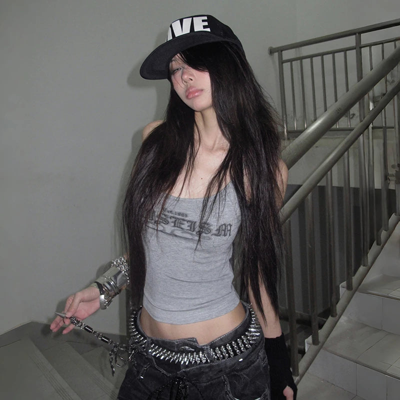Karrcat Trashy 2000s Letter Print Tank Top Japanese Y2k Gray Camis Tops Grunge Aesthetics Sleeveless Crop Tops American Retro