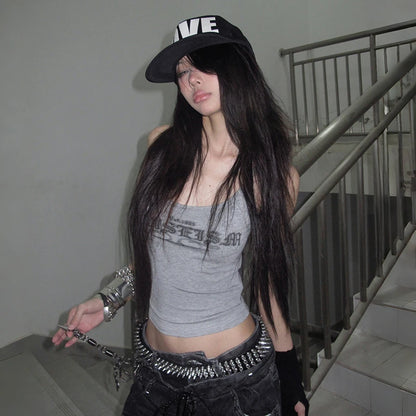 Karrcat Trashy 2000s Letter Print Tank Top Japanese Y2k Gray Camis Tops Grunge Aesthetics Sleeveless Crop Tops American Retro
