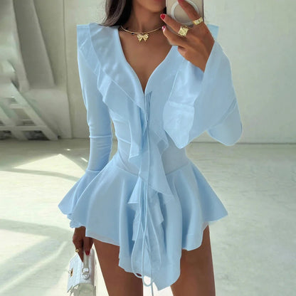 2025 New Autumn Irregular Hem Dress Women Y2K Flare Sleeve V-Neck Bandage Stretch Elegant Birthday Party Chic Hipster Bodycon Badiee Stylez