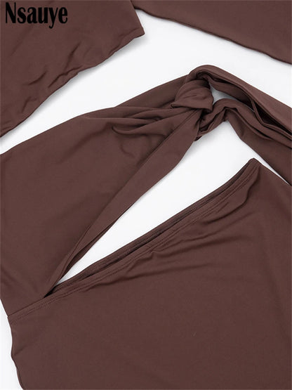 Nsauye Women New Fashion Halter Long Sleeve Mini Hollow Out Irregular Dress Outfits Elegant Sexy Night Club Lace Up Party Dress