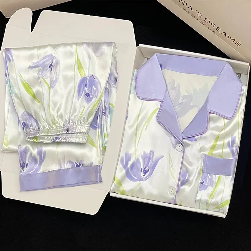 Korean Style Women's Two-piece Pajamas Sets Fashion Flower Print Faux Silk Satin Sleepwear Female Long Sleeve Pants Housewear 10