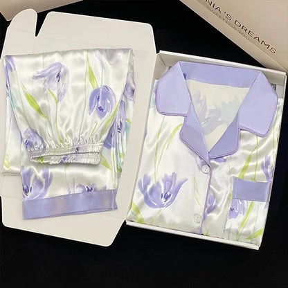 Korean Style Women's Two-piece Pajamas Sets Fashion Flower Print Faux Silk Satin Sleepwear Female Long Sleeve Pants Housewear 10