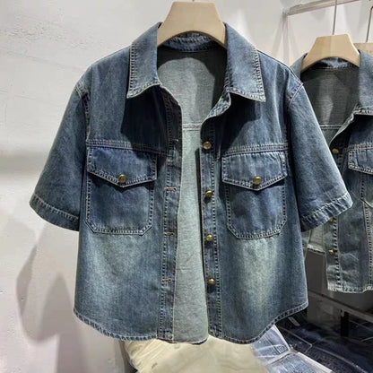 Denim Shirt Women's Summer 2024 New Turndown Collar Loose Casual Short Jacket Fashion Short Sleeved Single Breasted Thin Top