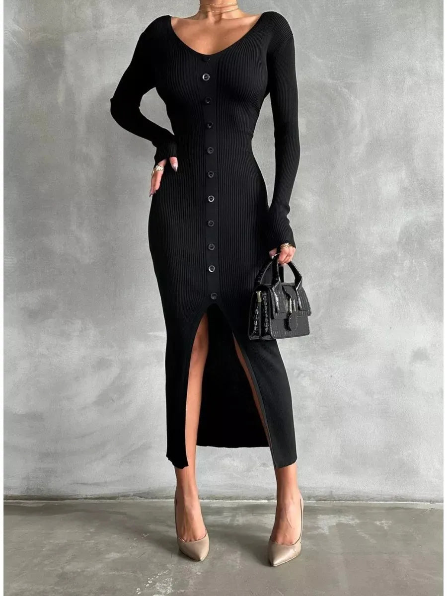 2025 Knitted Dress For Women Vintage Fashion Long Sleeve Dresses Solid Single Breasted V Neck Midi Autumn Winter Dress Скучать Badiee Stylez