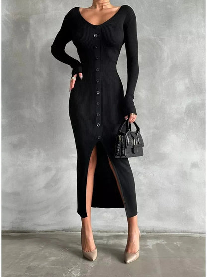 2025 Knitted Dress For Women Vintage Fashion Long Sleeve Dresses Solid Single Breasted V Neck Midi Autumn Winter Dress Скучать Badiee Stylez