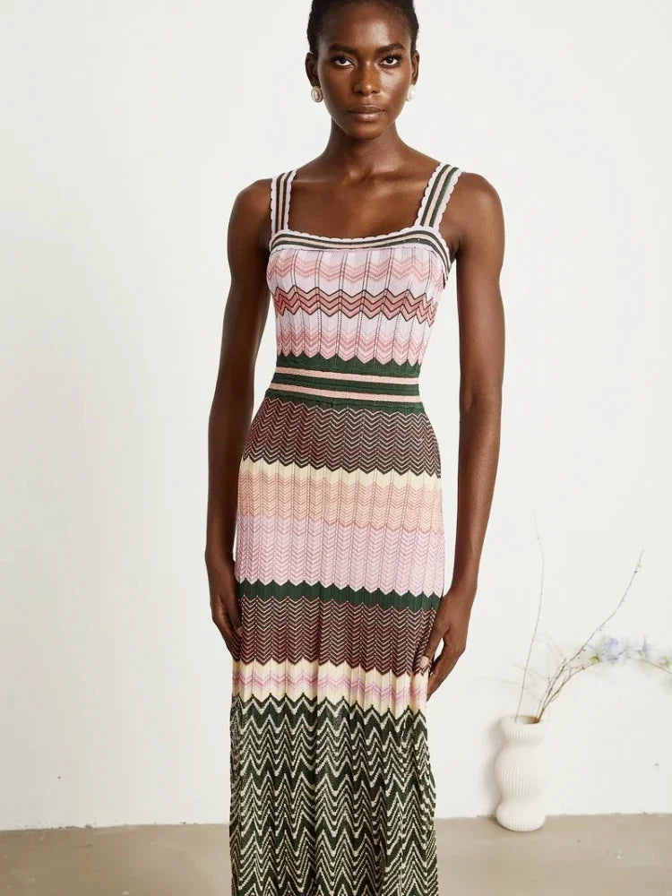 Luxury Brand Design Knitted Zigzag High Elasticity Color Sleeveless Long Maxi Dress Women Arab Africa Popular Boho Lady Skirt Badiee Stylez
