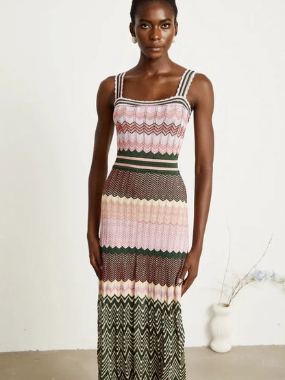 Luxury Brand Design Knitted Zigzag High Elasticity Color Sleeveless Long Maxi Dress Women Arab Africa Popular Boho Lady Skirt Badiee Stylez