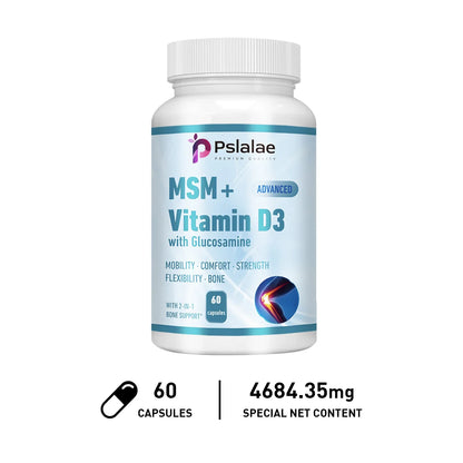 MSM + Vitamin D3 with Glucosamine - Joint Care, Supports Comfort and Flexibility, Strengthens Bones, Non-GMO 60 Capsules