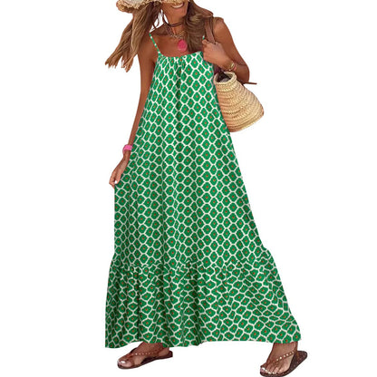 Women's Sleeveless Long Boho Dress Summer Loose Print Spaghetti Strap Flowy Dresses Bohemian Sundress Beachwear Party Coctail green