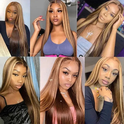 34Inch Bone Straight Highlight Lace Front Human Hair Ombre 13x4 Lace Frontal Wigs 13x6 Honey Blonde Colored Wigs For Women - Badiee Stylez
