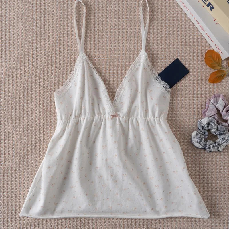 Floral Print Bow V Neck Camis Women Chic Lace Trim Sleeveless Slim Crop Tops Vest Sweet Casual Fashion Raw Hem Tank Top Y2k New