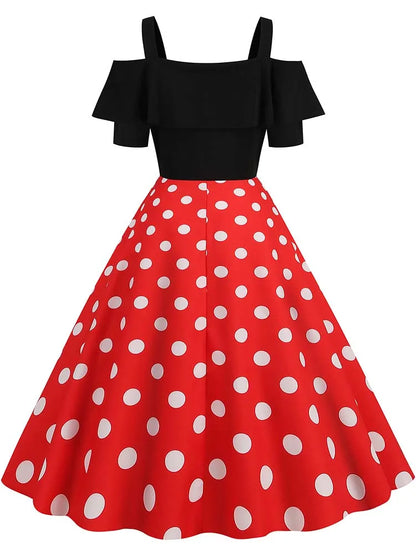 Off the Shoulder Elegant Vintage Party Dress Women Summer Polka Dot Ruffles A Line Midi Dresses