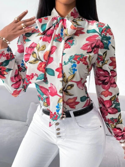 Women's Fashion Work Clothes Floral Print Bow Tie Shirt Fashion Office Dress up Women's Business Casual Clothing Badiee Stylez