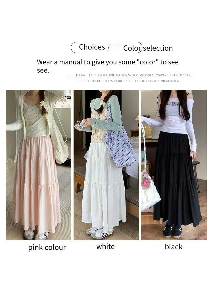 Pink midi skirt for women in spring and autumn summer 2025new high waist slimming A-line long skirt, small and fluffy cake skirt