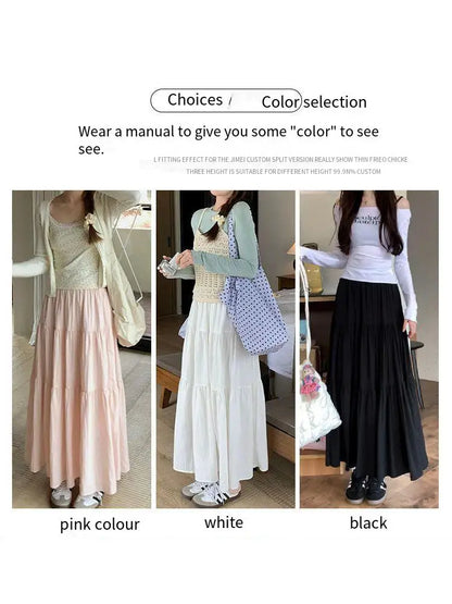 Pink midi skirt for women in spring and autumn summer 2025new high waist slimming A-line long skirt, small and fluffy cake skirt