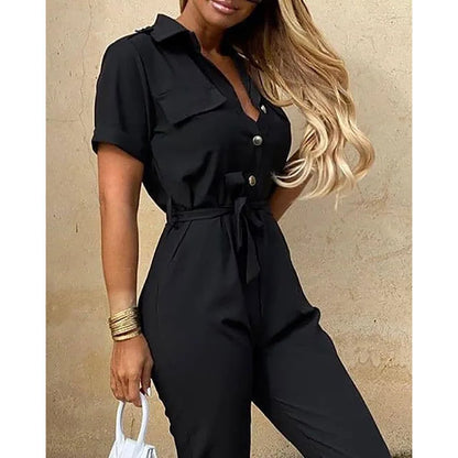 Women's Monochrome Jumpsuit 2024 Spring/Summer Comfortable Casual Flip Collar Printed Belt Work Dress Women's Jumpsuit