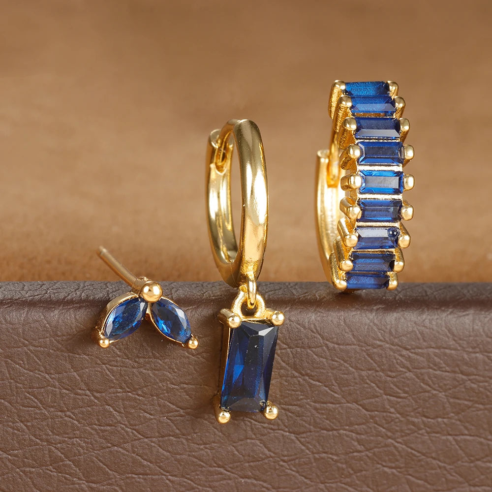 3PCS Stainless Steel Square Earrings Sets for Women Vintage Zircon Pendant Geometry Round Circle Hoop Earrings Piercing Jewelry E1626-Gold-Blue-3pcs