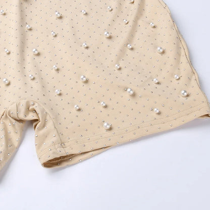 Sexy O-neck Sleeveless Jumpsuit Women Summer Beaded Mesh Rompers Skinny Elegent One Piece Apricot Fashion Hot Combinaison Femme