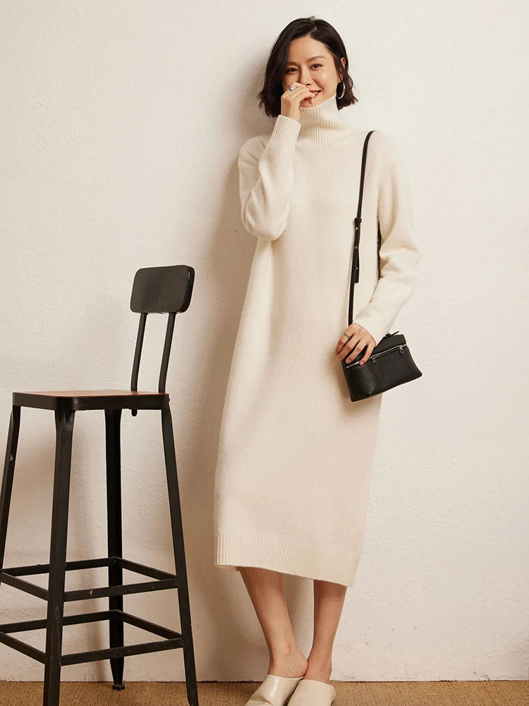 100% Cashmere Sweater Long Dress New Women High Turn-down Collar Pullover  Soft Cosy Autumn Winter Casual Solid Knitwear Dress Badiee Stylez