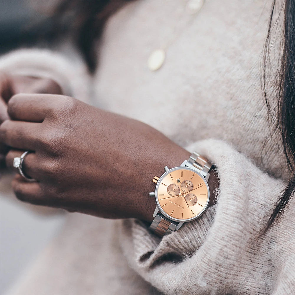 HANNAH MARTIN Brand Women Multifunctional Watch Original Stainless Steel Rose Gold 36mm Quartz Movement Casual Banquet Wristatch