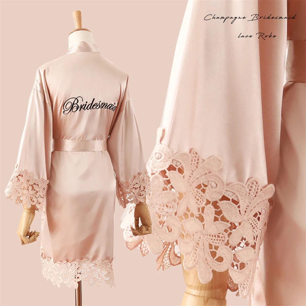 Wedding Embroidery Bride Bridesmaid Kimono Dresses Lace Gown Sexy Women Robes Home Gown Bathrobe Short Night Shirts Sleepwear1PC Bridesmaid Champagne