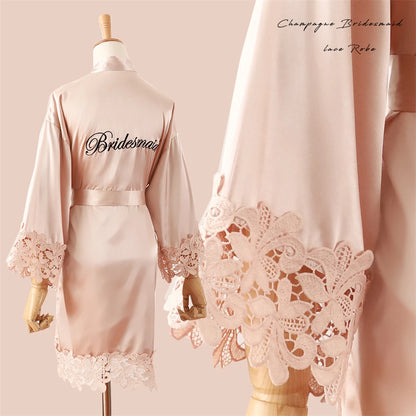 Wedding Embroidery Bride Bridesmaid Kimono Dresses Lace Gown Sexy Women Robes Home Gown Bathrobe Short Night Shirts Sleepwear1PC Bridesmaid Champagne