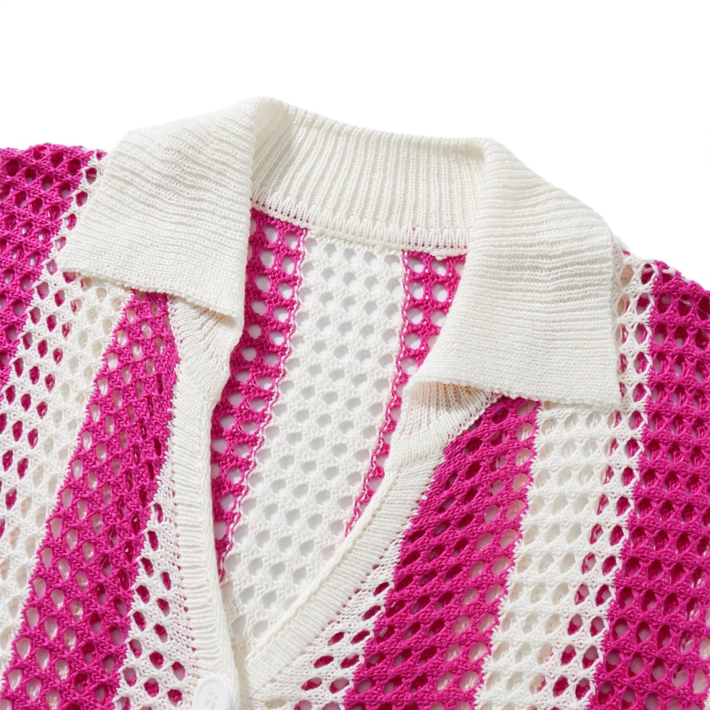 Women With Summer V-neck Button Top & Wide Leg Pants Suits Spring Crochet Hollow Knitted Set Woman 2 Pieces Striped Print