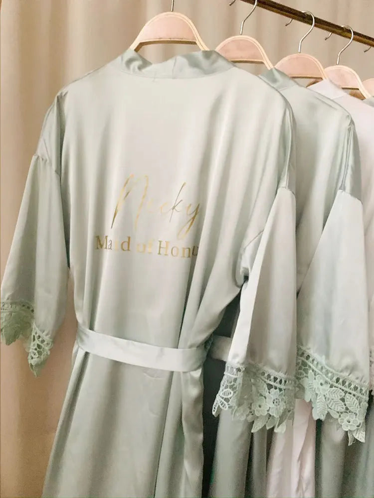 Personalised Robe Green Custom Bridal Robe Wedding Bridesmaid Kimono Sage Green Bathrobes Silky & Lace Detail Bridal Party Dress