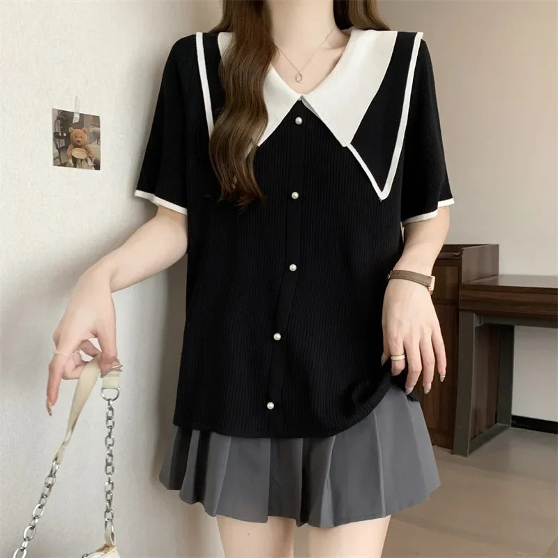 Plus Size Summer Knitted Short Sleeve T-Shirt Double Collar Polo Neck Loose Fit Meat Concealing Top for plus Size Women