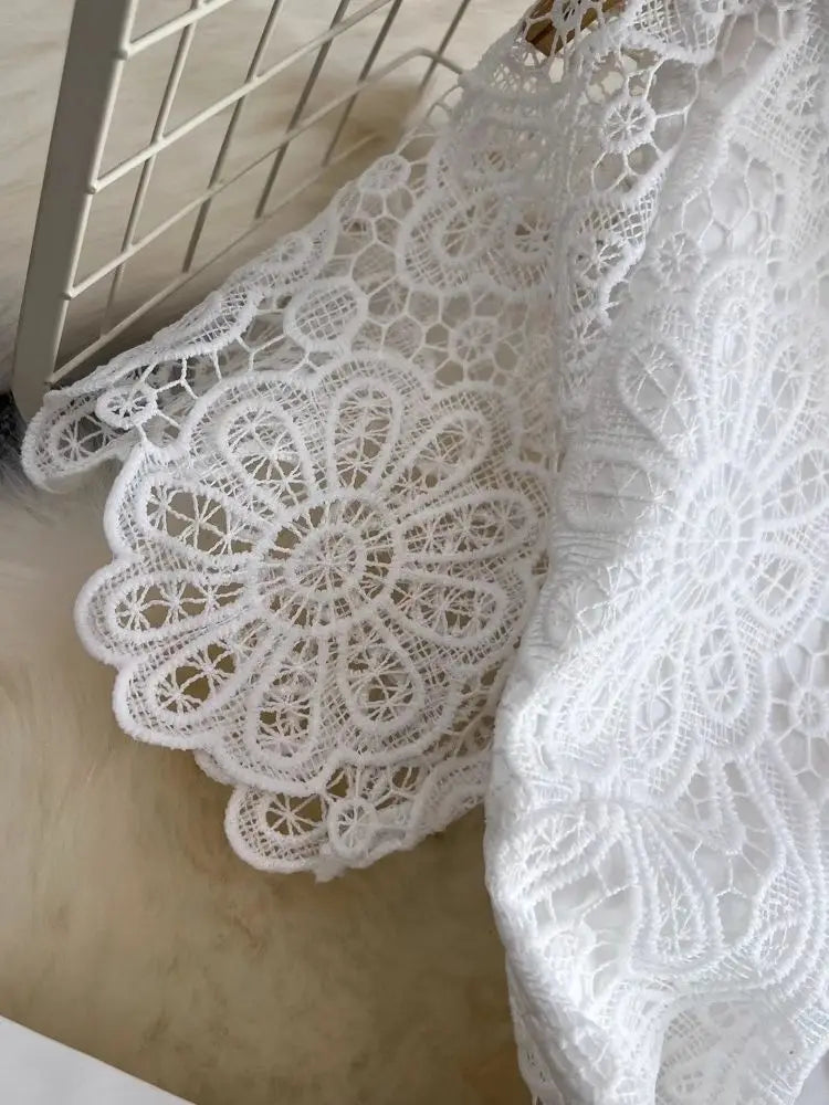 Summer Elegant Crochet Lace Patchwork Chiffon Pleated Dress Women's Short Sleeve Hollow Out Flower Buttons Belt Runway Vestidos