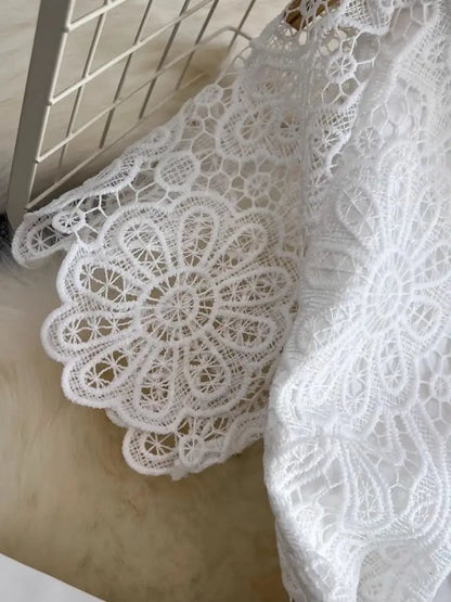 Summer Elegant Crochet Lace Patchwork Chiffon Pleated Dress Women's Short Sleeve Hollow Out Flower Buttons Belt Runway Vestidos