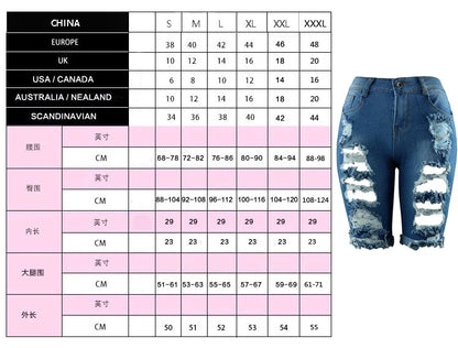 Summer New Fashion Women's American Washed Blue Solid Color High Waist Hole Patched Denim Shorts Skinny Jeans Shorts Female