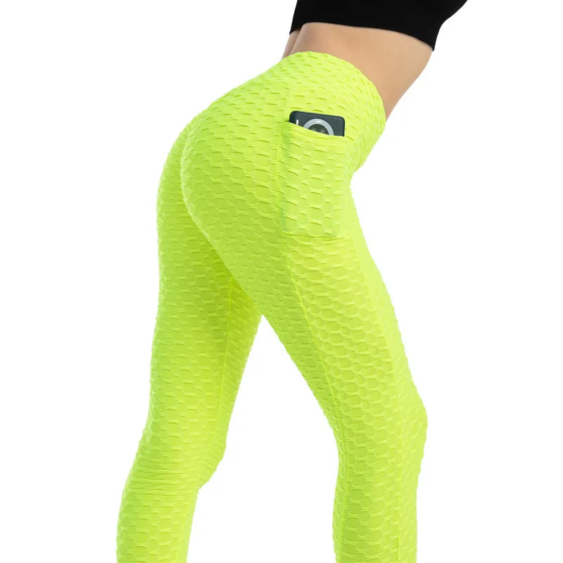 Women Fashion Pocket Bubble Pants Stretchy Slim Leggings Gym Running Cycling Fitness Pants High Waist Hip Lift Leggings Female green
