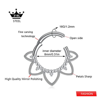 Flower CZ Zircon Septum Piercing Heart Gem Segment Nose Ring WaterDrop Daith Conch Clicker Hoop Earring 100% 316L Surgical Steel