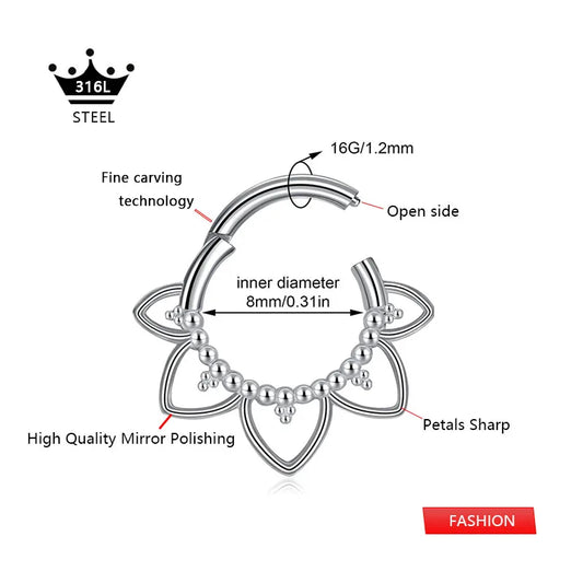 Flower CZ Zircon Septum Piercing Heart Gem Segment Nose Ring WaterDrop Daith Conch Clicker Hoop Earring 100% 316L Surgical Steel