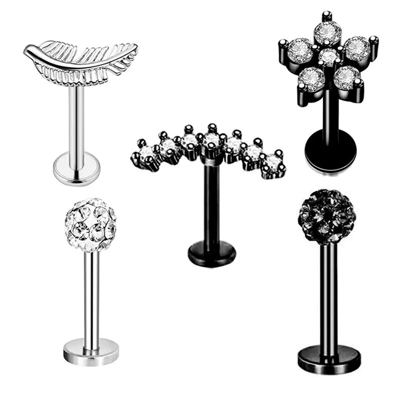 5PCS Flower Tragus Piercing Set Flat Back Cz Cartilage Stud Earring Helix Jewelry Conch Rook Stud Lot Labret Lip Piercing Bulk 5PCS Set5