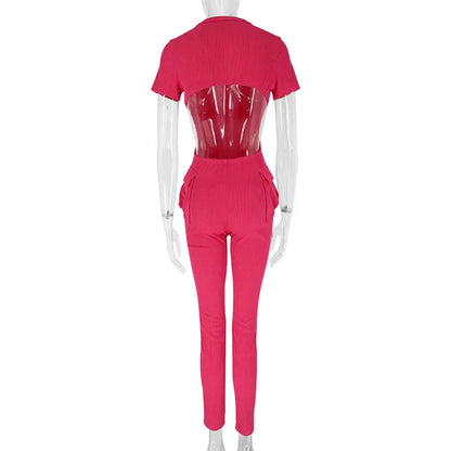 Spring New Women's Jumpsuits Sexy Sweet Pink Hollow Out Jumpsuit Streetwear Fashion Pockets Short Sleeve Female Elegant Rompers