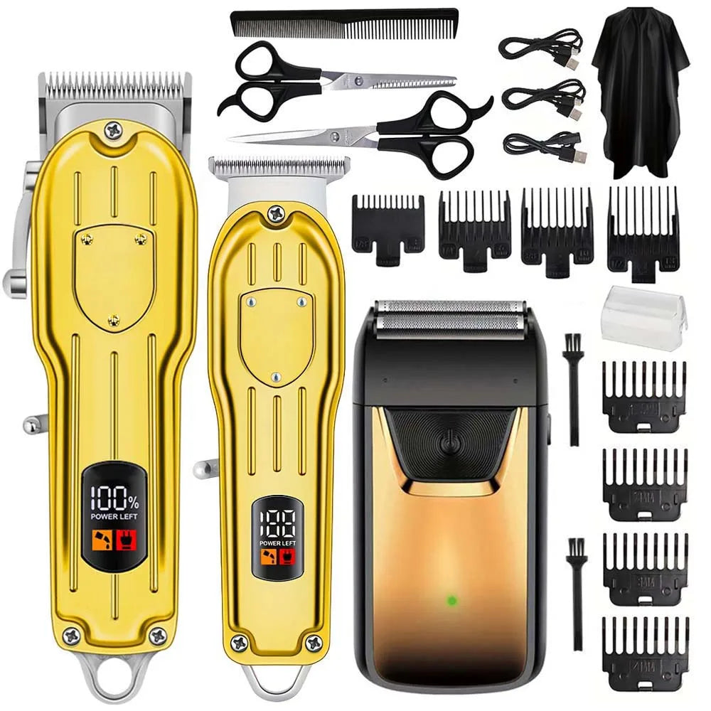 3 in1/1pc Hair Cutting Grooming Kit Professional Hair Clippers and Shaver Set Cordless Beard Trimming for Men 3 in 1 (Gold)