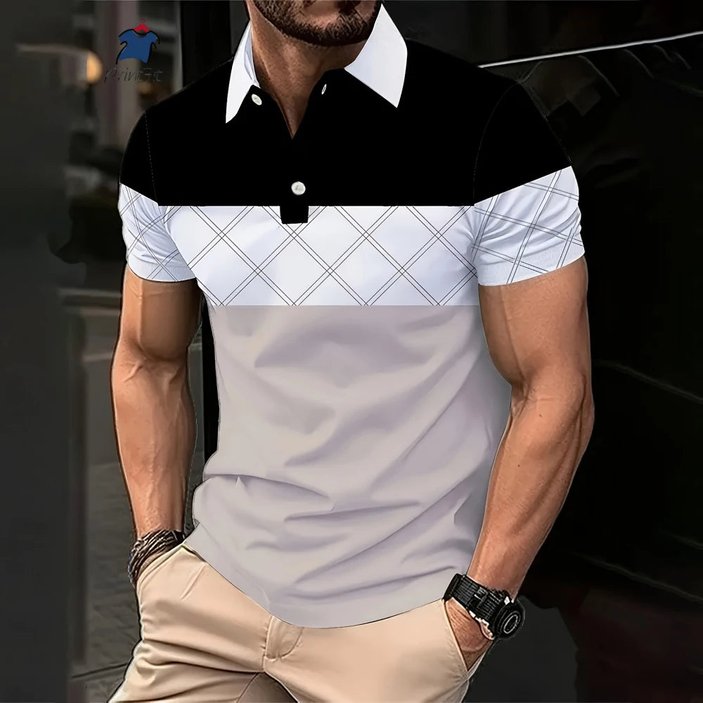 Stylish Geometric Polo Shirt for Men - Fashionable Lapel Design for Business & Casual Wear