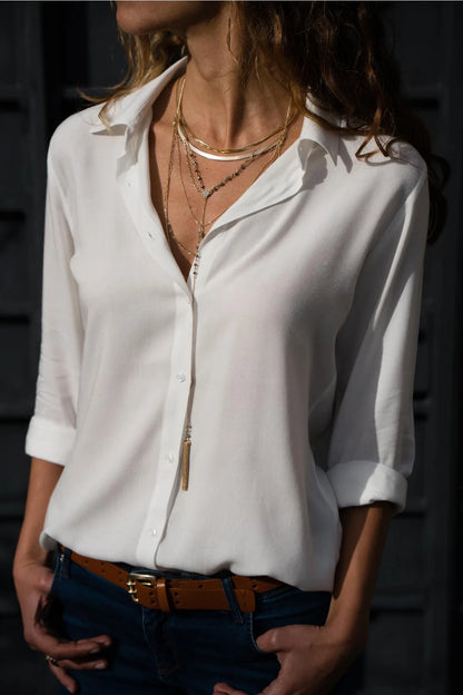 Women Elegant Solid Chiffon Blouse Spring Summer Casual Long Sleeve V Neck Loose Shirt Office Lady Tunics Oversized Tops 2023 WHITE