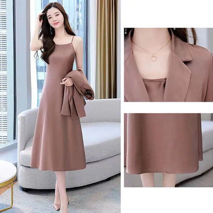 2Pcs/Set Summer Women Suit Dress Outfit Solid Color Mid-length Lady Dress Sets Light Luxury Commute Sling Dress Coat Set