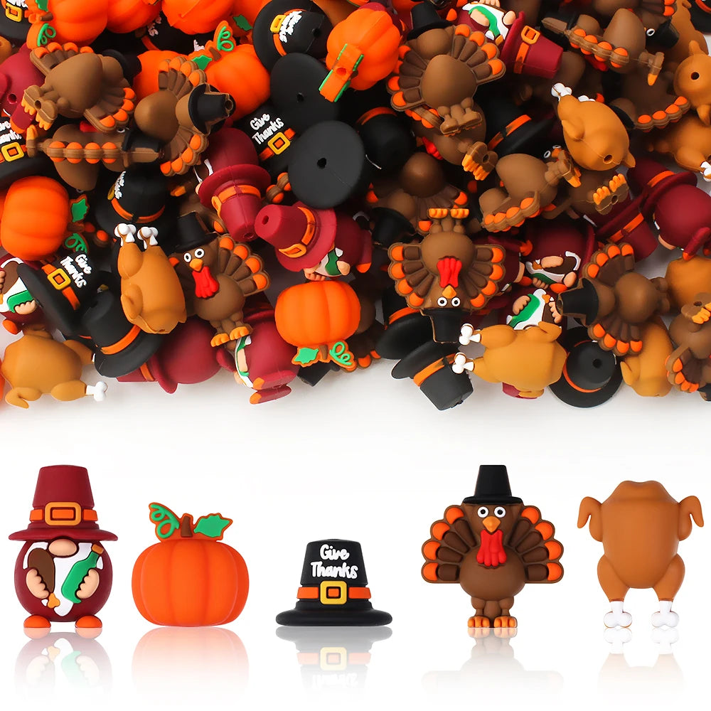 5/10/20pcs Thanksgiving Silicone Beads 3D Pumpkin Turkey Focal Beads for Jewelry Lanyards Keychain Bracelet Making Pen Decor