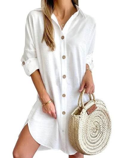 Elegant Women's White Spring And Autumn Casual Long Sleeved Lapel Button Up Shirt Dress 2024 Fashionable Woman Loose Mini Dress Badiee Stylez