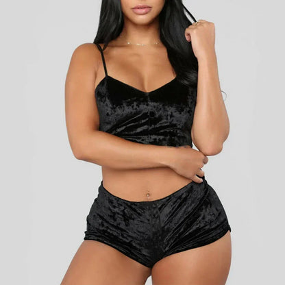 Women's Velvet Sleeveless V-neck Underwear Polyester Setcamisole+shorts Pajamas Set Comfortable Home Clothes Top Pants black