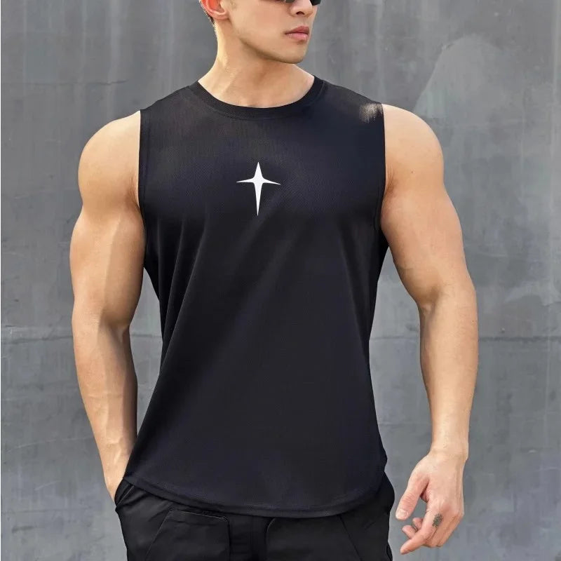 summer Sleeveless vest outdoor sport tank top running fitness undershirt quick drying round neck gym T-shirt men Breathable tops Black