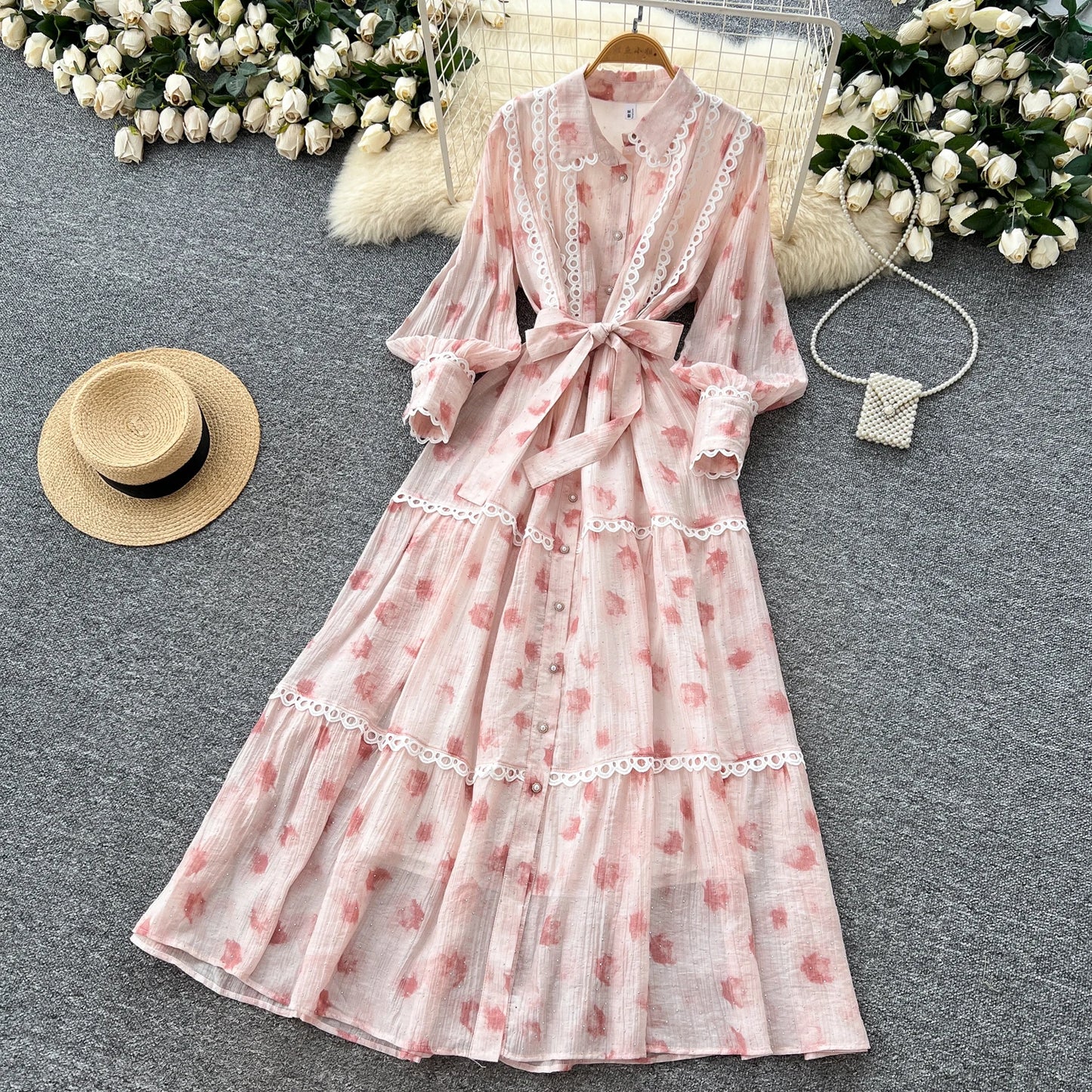 Chic vintage rhinestone lace-up slim Elegant Fairy korean fashion Boho Sundress women clothing Long dress