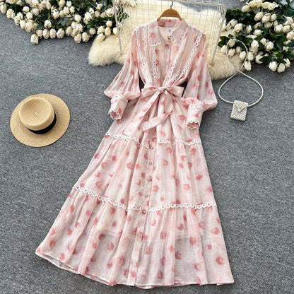 Chic vintage rhinestone lace-up slim Elegant Fairy korean fashion Boho Sundress women clothing Long dress