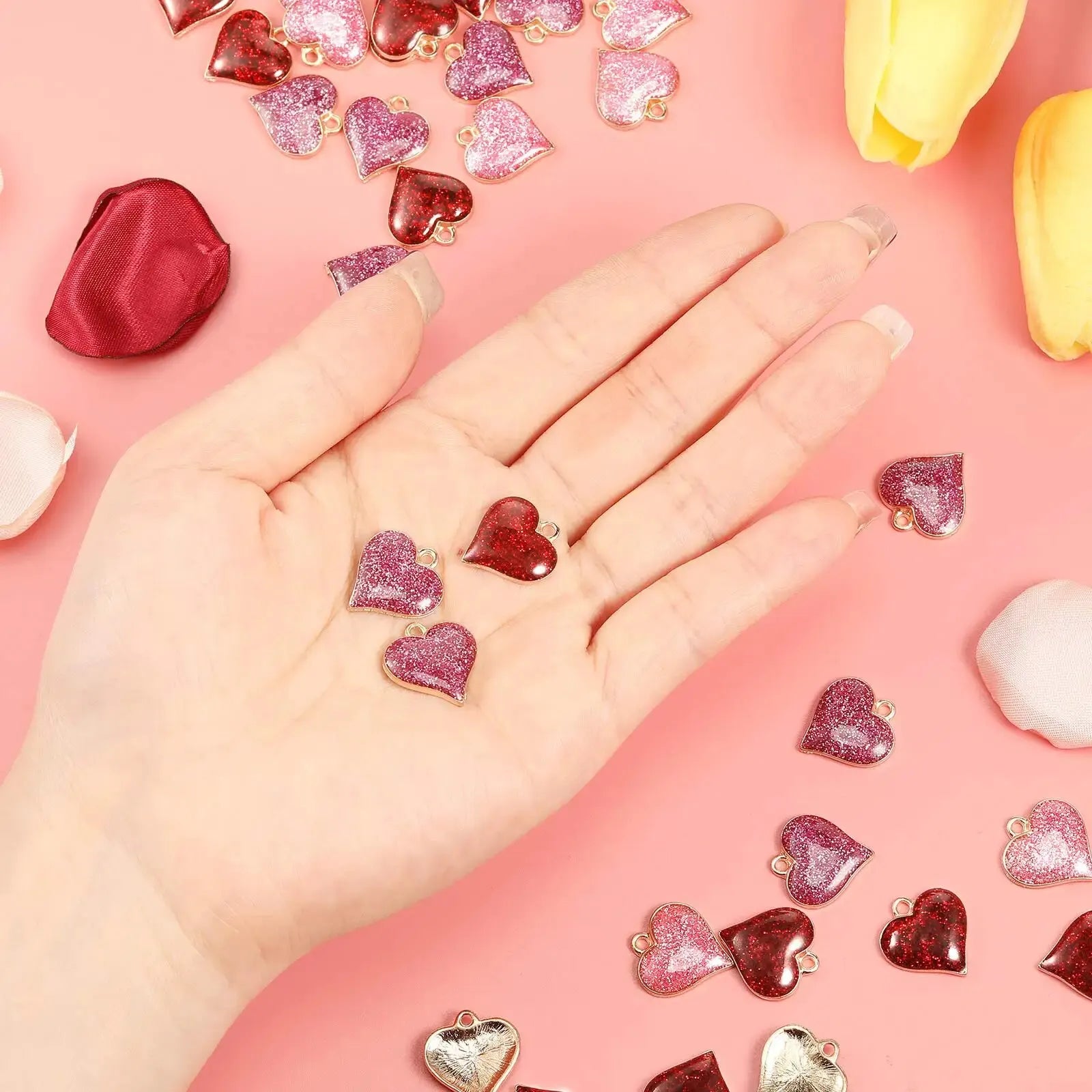 15pcs Heart Shape Pendant Charms Pink Red Valentines Love Oil Drip Metal Glitter Powder For Jewelry Making DIY Bracelet Necklace