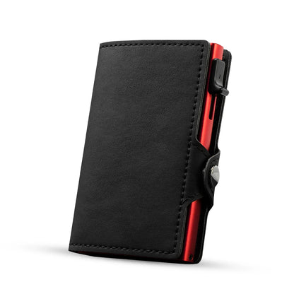 CASEKEY Pink Wallet Slim Minimalist Leather Pop UP Wallet Rfid Blocking Mini Aluminum Automatic Card Holder for Women Men BlackRed no Zipper