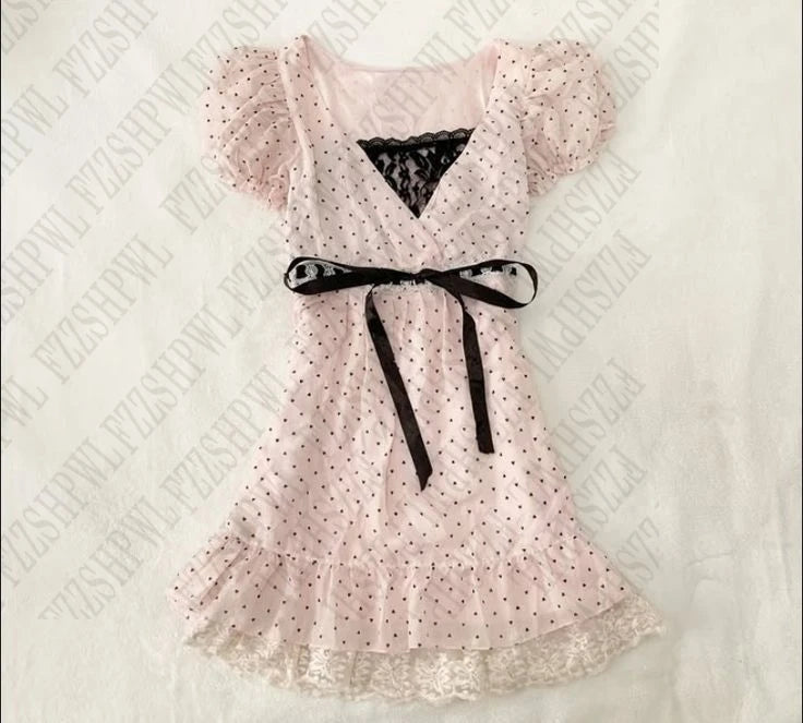 Polka dot Vintage Pink Hot Cute Dress Aesthetic Slim Y2K Short Sleeve Sundress Women Sweet Clothing Fashion Harajuku Lace Frock Pink 13